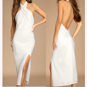 LULU'S XS Beyond Classy White Satin Backless Halter Midi Party Dress NEW B119